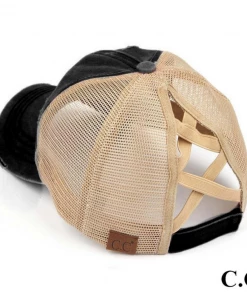 CC Beanie High Ponytail Hat- Distressed Black/Beige