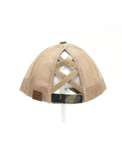 CC Beanie High Ponytail Hat- Olive Camo/Beige